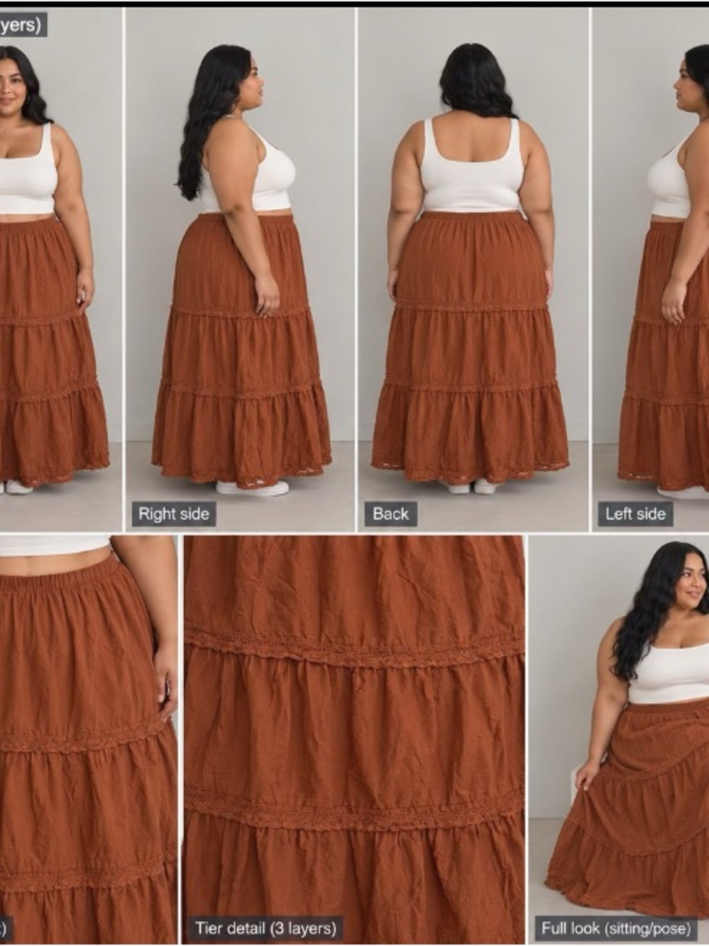 Maxi Skirt Brown Tiered Pull On Crochet Trim Boho Whimsical Fairy
Cotton 3XL